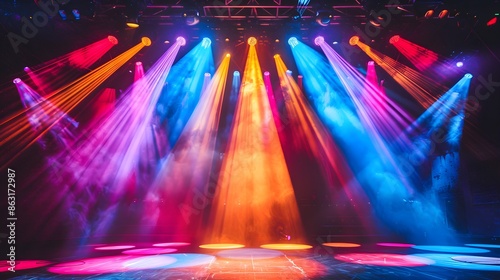 Vibrant Stage Lighting with Colorful Beams and Smoke