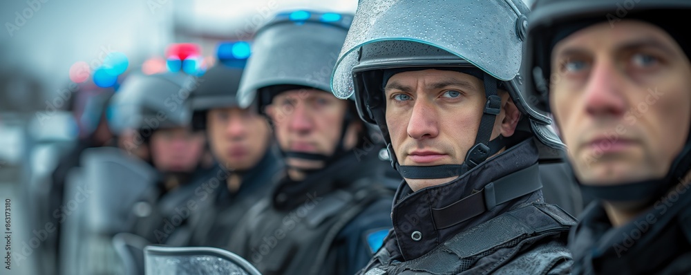 Fototapeta premium A group of police officers stands in a line, tightly packed and focused, wearing tactical gear and helmets, conveying readiness, authority, and vigilance against an urban backdrop.