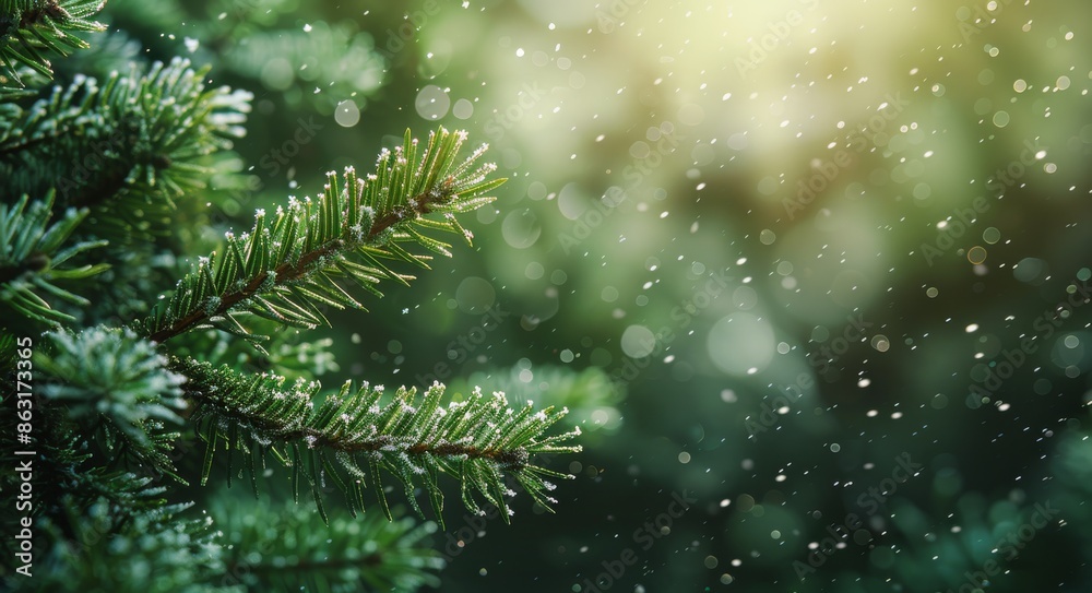 Evergreen Branch With Snow Falling on a Blurred Background Evergreen Branch With Snow Falling on a Blurred Background