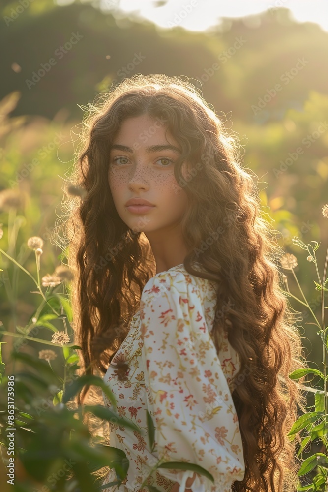 beautiful young woman with long curly hair enjoys beautiful young woman with long curly hair enjoys
