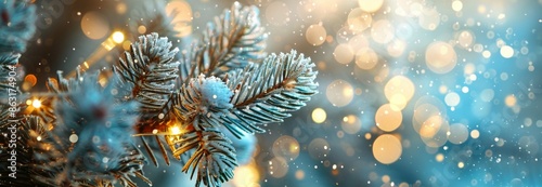 Frosted Pine Branch With Warm Lights and Sparkling Snow During Winter