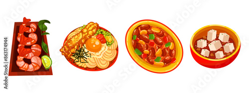 Chinese food set menu isolated on white background illustration vector. (Spring Rolls, Dim Sum, Wonton, Chow Mein, Sweet and Sour Chicken, Peking Duck).