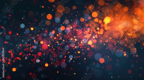 Vibrant bokeh background of multicolor light particles on a dark backdrop, creating a dynamic and festive atmosphere. photo