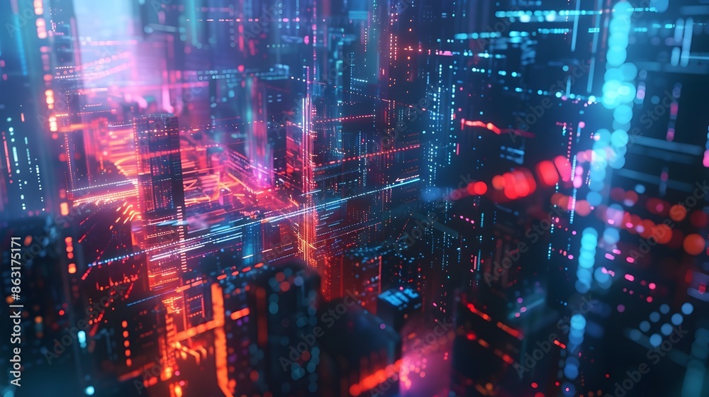 Fototapeta premium Intricate Molecular Structures and Illuminated Cityscape - Abstract Digital Art Background