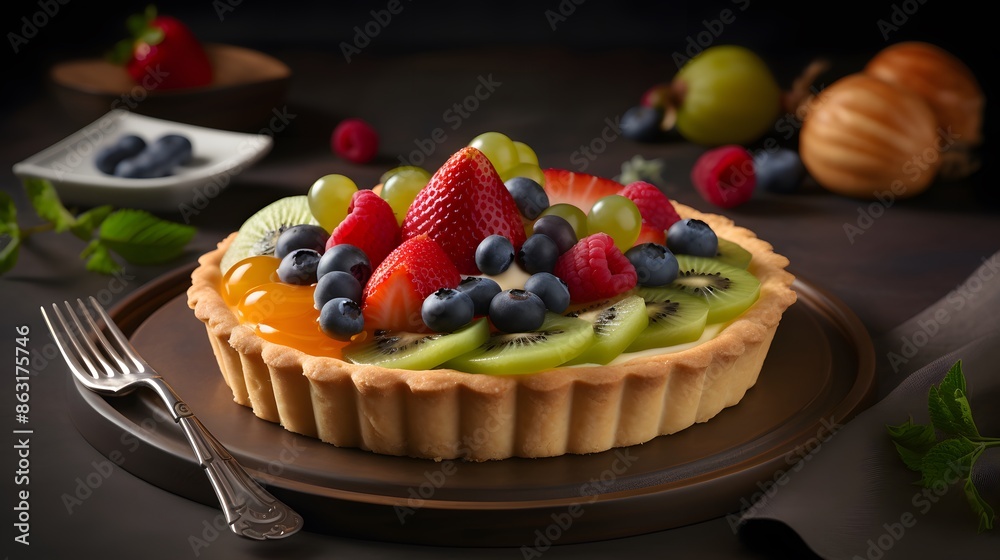 Appetizing fruit tart in photo product setup. Appetizing fruit tart in photo product setup.