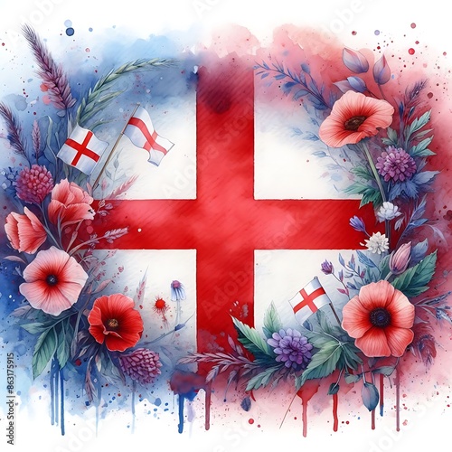 English Flag with Red Poppies and Watercolor Background