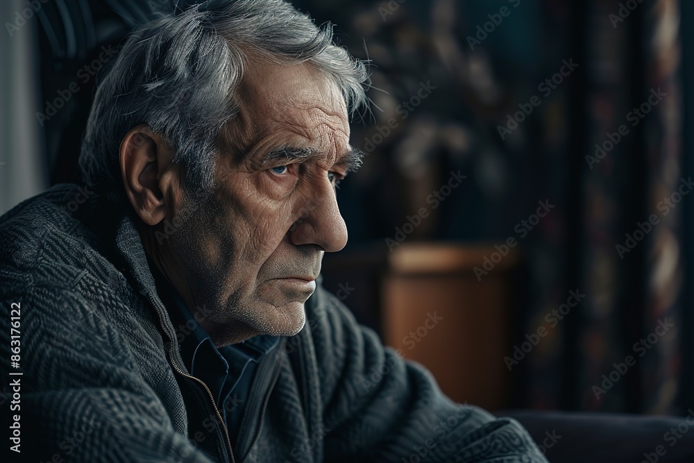 senior man with gray hair sitting indoors looking senior man with gray hair sitting indoors looking
