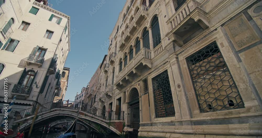 Cityscape of Venice, Italy, view from a boat sailing on the canals. Architecture of the city of romance, with beautiful houses and urban architecture. High quality 4k footage