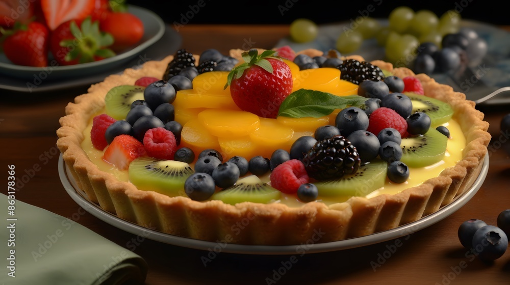 Appetizing fruit tart in photo product setup. Appetizing fruit tart in photo product setup.