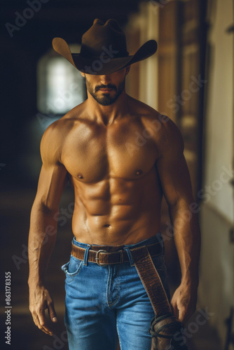 Extremely handsome cowboy wearing jeans, boots, and hat. Muscular chest, abs, and biceps. Contemporary western man. Attractive farmer. Western erotic image