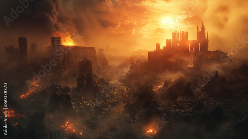 Apocalyptic cityscape engulfed in flames and smoke under a dramatic sunset, depicting a desolate and dramatic scene.