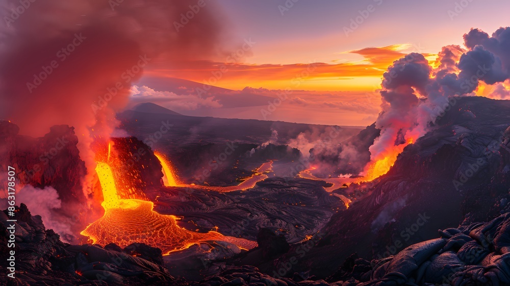 Fototapeta premium A stunning scene of an erupting volcano with flowing lava against a dramatic sunset sky, emitting smoke and ash.