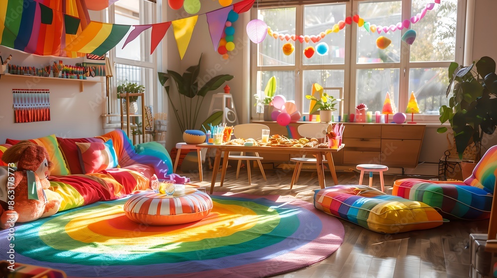 Naklejka premium Vibrant Rainbow-Themed Party Room with Colorful Decorations and Cozy Seating 