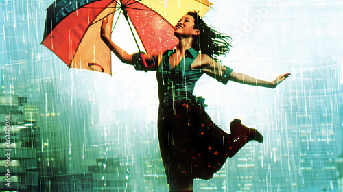 Radiant Rainy Day: Joyful Woman Dancing in the Rain with Umbrella and Rain Boots