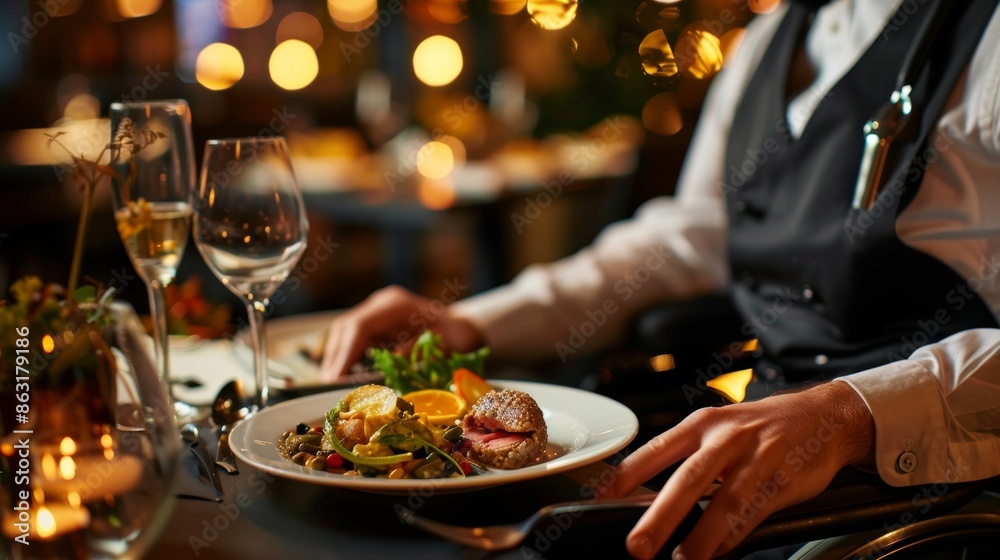 Fine Dining Accessibility: Wheelchair User Enjoys Gourmet Meal at High-End Restaurant, Inclusive Luxury Fine Dining Accessibility: Wheelchair User Enjoys Gourmet Meal at High-End Restaurant, Inclusive Luxury