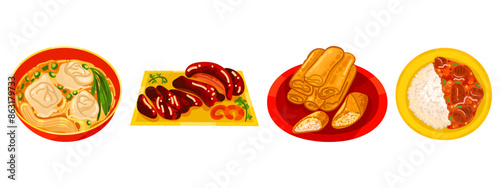 Chinese food set menu isolated on white background illustration vector. (Spring Rolls, Dim Sum, Wonton, Chow Mein, Sweet and Sour Chicken, Peking Duck).