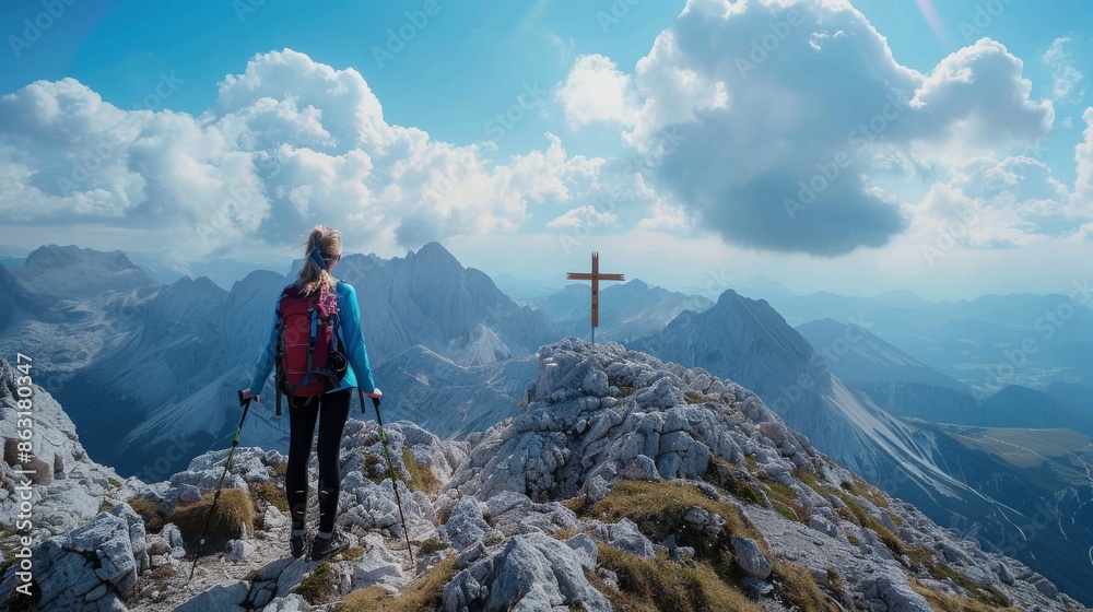 Female hiker standing triumphantly in front of majestic summit cross on clear day. Female hiker standing triumphantly in front of majestic summit cross on clear day.