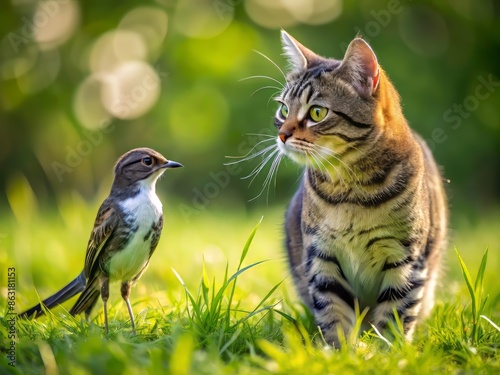 A small wagtail bird perches fearlessly in front of a tabby cat in a lush green lawn, capturing a rare moment of fragile understanding between predator and prey. photo