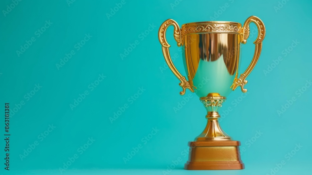 Fototapeta premium A shiny golden toy trophy cup stands out against a bright cyan background