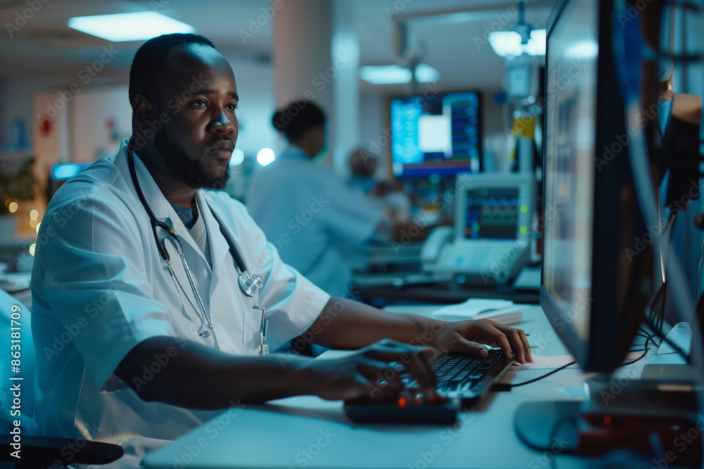 A Male Nurse Working at a Computer in a Hospital Setting A Male Nurse Working at a Computer in a Hospital Setting