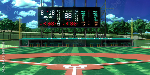 Baseball Game Ready: Empty Baseball Field with Well-Maintained Diamond, Scoreboard, and Dugouts