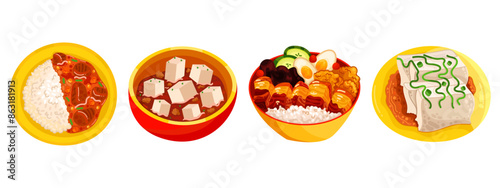 Chinese food set menu isolated on white background illustration vector. (Spring Rolls, Dim Sum, Wonton, Chow Mein, Sweet and Sour Chicken, Peking Duck).