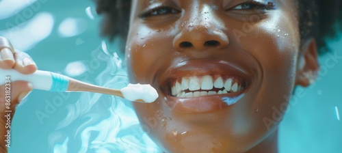 Close-Up of Smiling Person Brushing Teeth with Fresh Breath Toothpaste for Dental Health photo