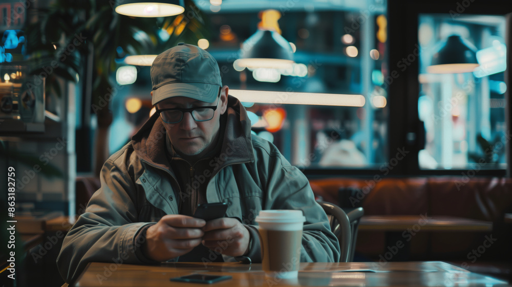 Man in a Cap Drinks Coffee at a Cafe Table Man in a Cap Drinks Coffee at a Cafe Table