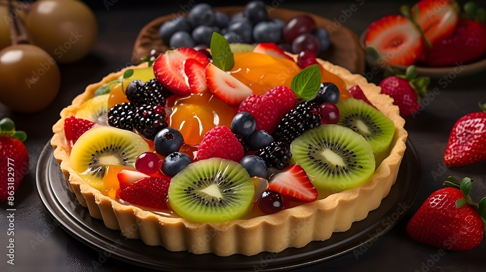 Appetizing fruit tart in photo product setup.