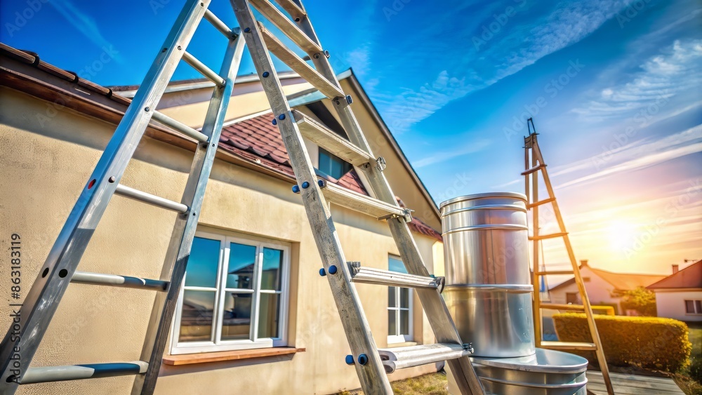 Empty ladder leaning against a house, leading up to scaffolding and paint cans, on a sunny day with a subtle gradient blue sky background. Empty ladder leaning against a house, leading up to scaffolding and paint cans, on a sunny day with a subtle gradient blue sky background.