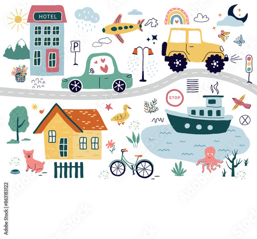 a modern set, creator with hand drawn cars, signs, roads,  a tree. A cartoon element isolated on a white background. for print, children, paper, print. vector illustration in the style of trending art