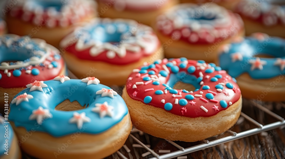 Patriotic-themed sugar cookie donuts with intricate red, white, and blue icing, resembling the American flag. Displayed on a beautifully decorated table for Memorial Day Patriotic-themed sugar cookie donuts with intricate red, white, and blue icing, resembling the American flag. Displayed on a beautifully decorated table for Memorial Day