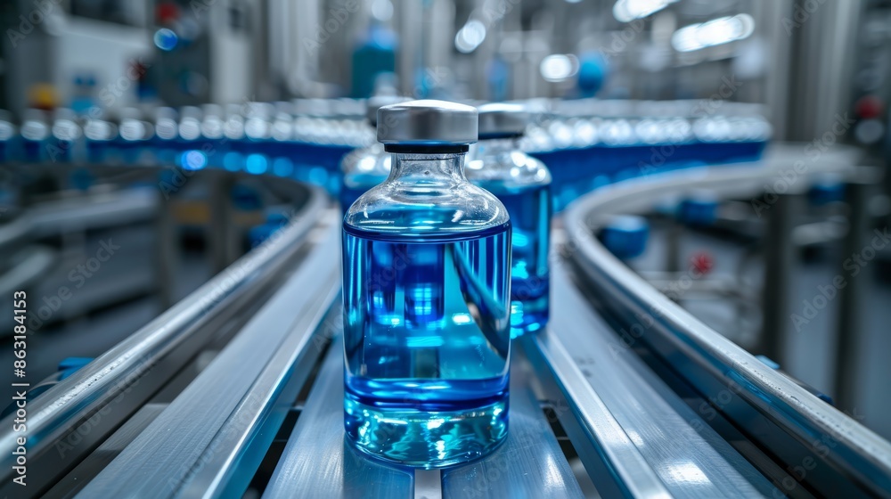 Pharmaceutical vials with blue liquid on a conveyor belt, modern manufacturing facility, sterile environment, and advanced equipment ensuring precision and quality Pharmaceutical vials with blue liquid on a conveyor belt, modern manufacturing facility, sterile environment, and advanced equipment ensuring precision and quality