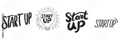 Collection of Startup text lettering. Hand drawn vector art.