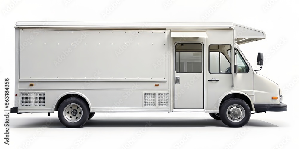 White food truck Side view isolated white background. AI generated image. White food truck Side view isolated white background. AI generated image.