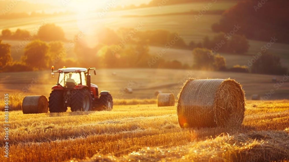 Obraz premium Closeup view of dry crop hay bale in farm land field with tractor