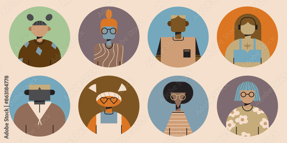 Diverse people circle avatars illustration. Diverse group of people. abstract trendy characters. Teamwork, togetherness, friendship concept.Blue and brown colors.Vector EPS 10 Diverse people circle avatars illustration. Diverse group of people. abstract trendy characters. Teamwork, togetherness, friendship concept.Blue and brown colors.Vector EPS 10