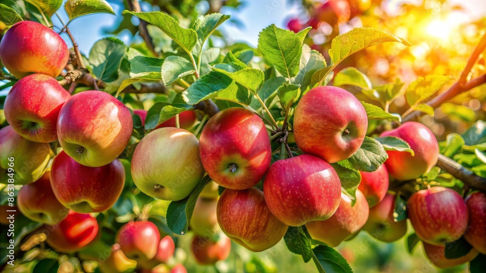 A lush apple tree branch with ripe fruit and lush green leaves, pruned to perfection in summer, ensuring a bountiful harvest the following year. A lush apple tree branch with ripe fruit and lush green leaves, pruned to perfection in summer, ensuring a bountiful harvest the following year.