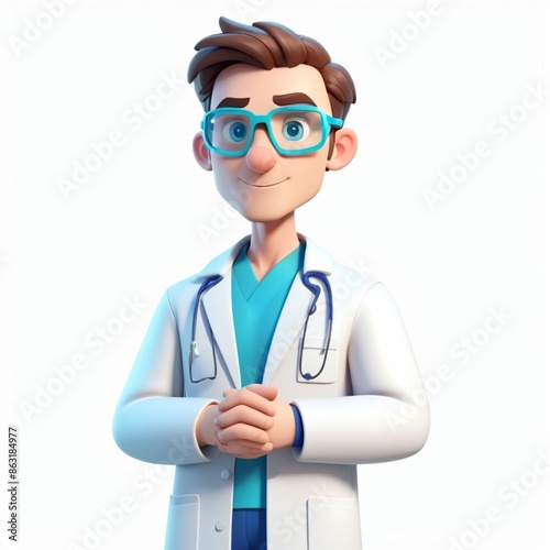 Cartoon illustration of a Caucasian male laboratory worker wearing a white lab coat, blue scrubs, and safety goggles, standing against a plain white background.