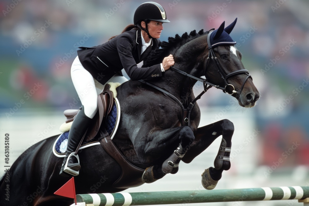 Equestrian Rider and Horse Mid-Air Jump at Olympic Games - Precision and Power in Motion Equestrian Rider and Horse Mid-Air Jump at Olympic Games - Precision and Power in Motion