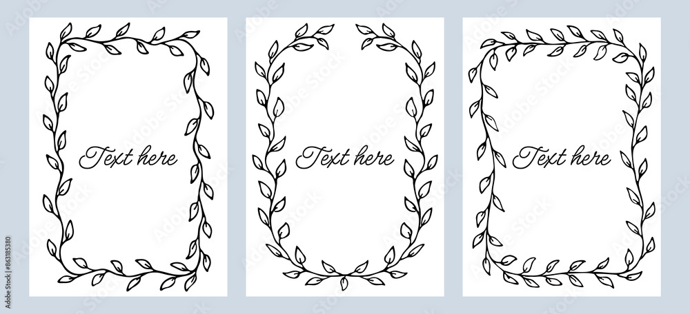 Obraz premium Hand drawn black frame with leaves isolated on background. Vertical border frame cards. Collection of leafs frame template with space for text.