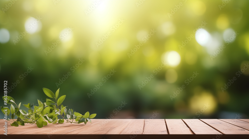 Background, wooden planks in foreground, background blurred, green natural landscape Background, wooden planks in foreground, background blurred, green natural landscape