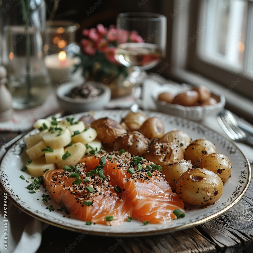 A plate of salmon and greens with a lemon wedge on top. The plate is on a wooden table A plate of salmon and greens with a lemon wedge on top. The plate is on a wooden table