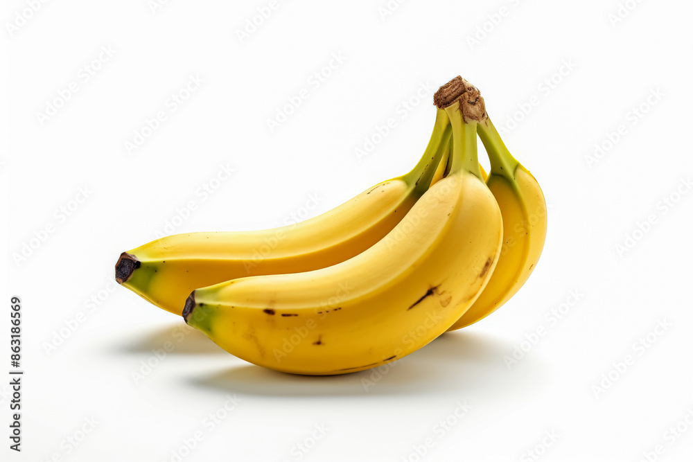 A banana is shown on a white background. The banana is long and yellow, with a green stem at the top. Concept of freshness and natural beauty, as the banana is a simple and unadorned object A banana is shown on a white background. The banana is long and yellow, with a green stem at the top. Concept of freshness and natural beauty, as the banana is a simple and unadorned object