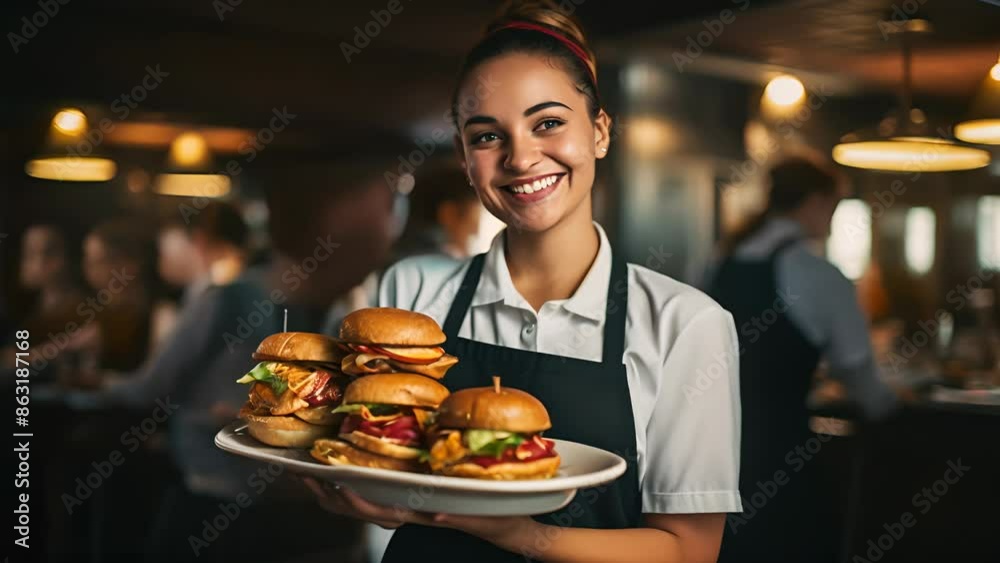 Joyful Waitstaff Presenting Tasty Hamburgers at Diner Joyful Waitstaff Presenting Tasty Hamburgers at Diner