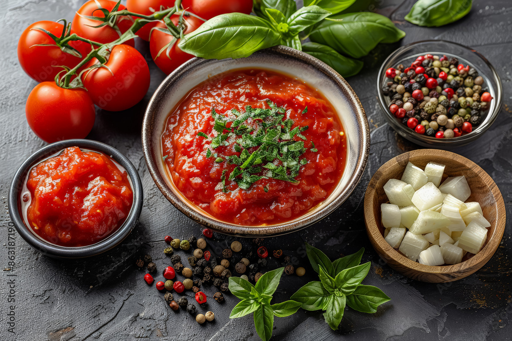 A white bowl filled with red sauce and basil sits on a table with a bunch of tomatoes and some spices