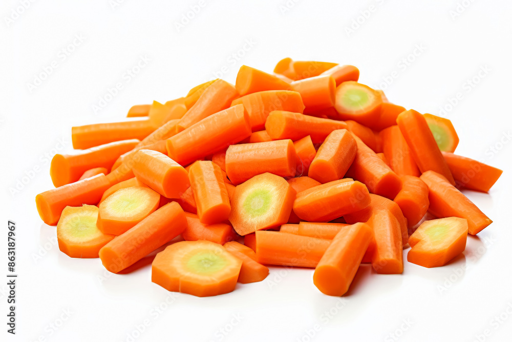 A pile of carrot sticks and carrot slices on a white background. The carrots are cut into small pieces and arranged in a pile A pile of carrot sticks and carrot slices on a white background. The carrots are cut into small pieces and arranged in a pile
