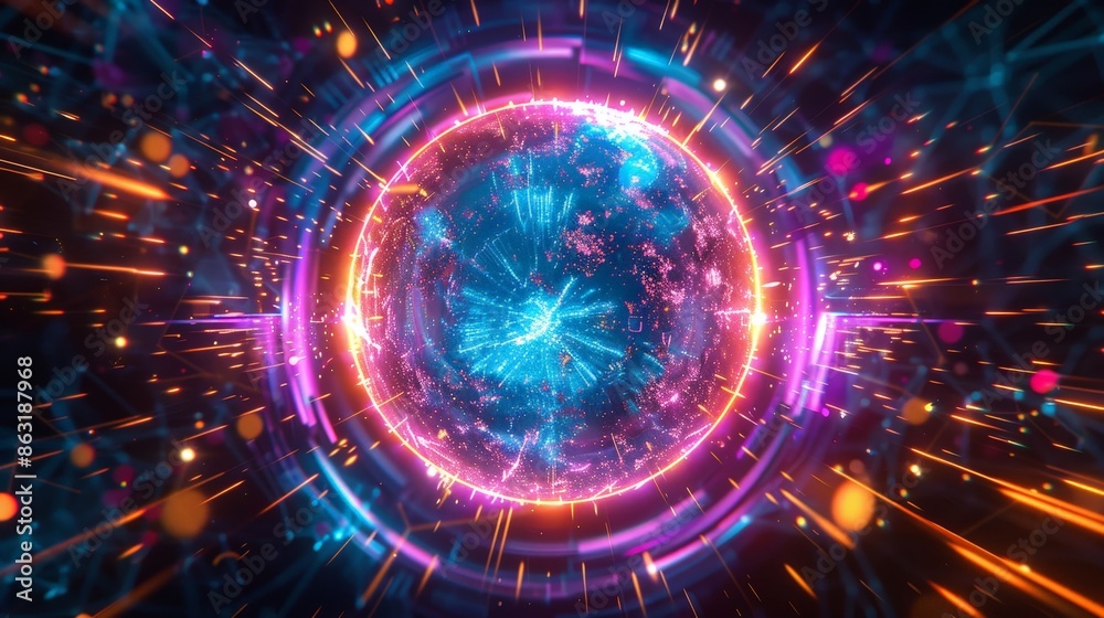 Fototapeta premium Neon Energy Sphere Surrounded by Dynamic Particles