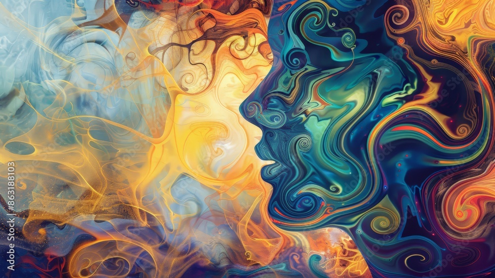 Abstract Vivid Portrait of an Individual in Contemplative Profile Amid Swirling Colorful Patterns Abstract Vivid Portrait of an Individual in Contemplative Profile Amid Swirling Colorful Patterns