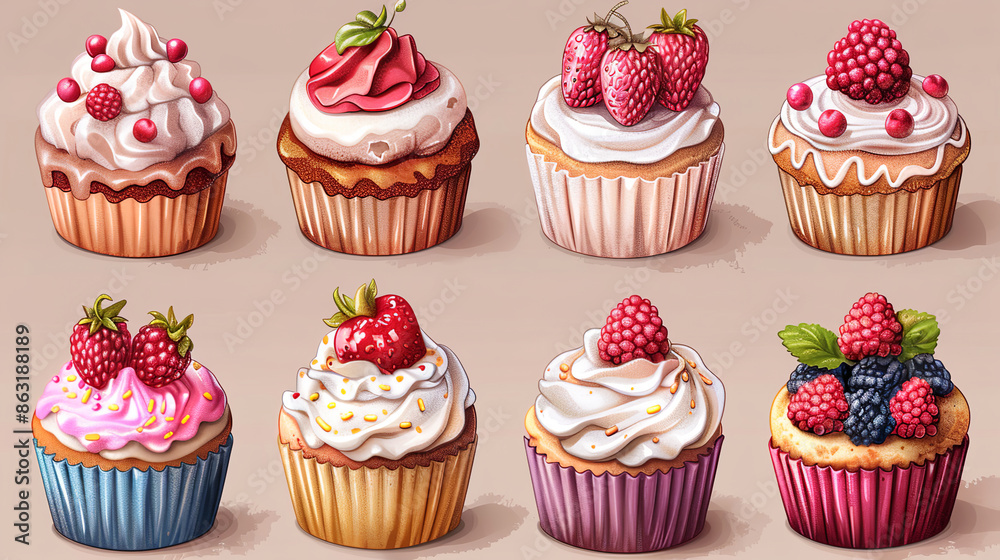 tasty cupcakes with pink and brown cream decorated with raspberries and blueberries tasty cupcakes with pink and brown cream decorated with raspberries and blueberries